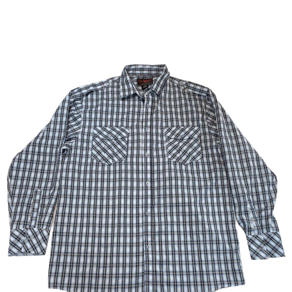 Blac Lacquer Men's 4XL Plaid Button Up Shirt Epaulets Long Sleeve Blue Black